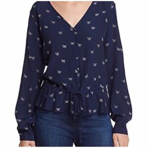 Rails Beaux Navy White Butterfly Print Peplum Blouse V-Neck Rayon Top Medium